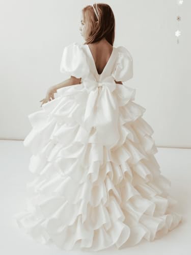 Custom Flower Girl Dresses Tiered with Bow and Tailing Short Sleeve for Wedding Birthday Party Holy Communion Gowns3