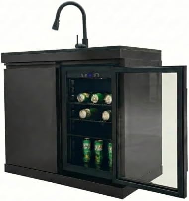 Outdoor Kitchen Island with Sink, 70L Refrigerator & Storage, Pull-Down Faucet, Black Granite Countertop, Portable BBQ Prep Station on Lockable Wheels for Backyard, Patio, Camping