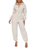 WOKANSE Womens Utility Jumpsuit Casual Long Sleeve Zipper Up Elastic Waist Cargo Fall Rompers With Pockets Apricot S