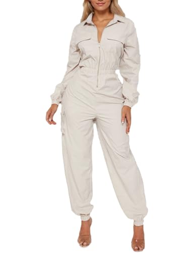 WOKANSE Womens Utility Jumpsuit Casual Long Sleeve Zipper Up Elastic