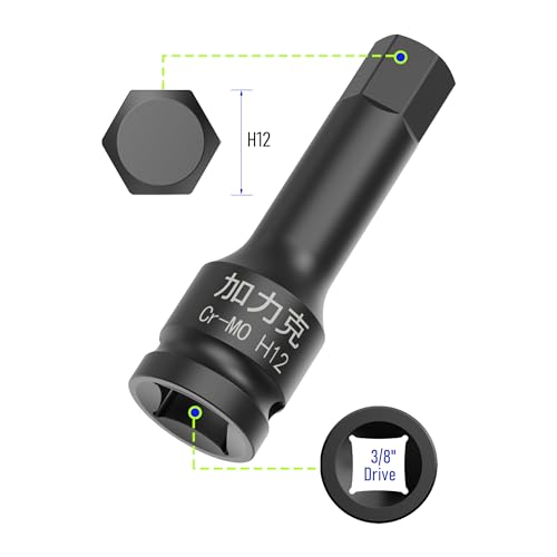 Image of 3PCS 3 /8 inch Square Drive H12(12mm) Impact Hex Bit Socket, 60mm(2.36 inch) Length, Hex Driver, Impact Grade, One-Piece Construction, 3 /8 inch Drive Allen Bit Socket, Cr-Mo Steel, Black