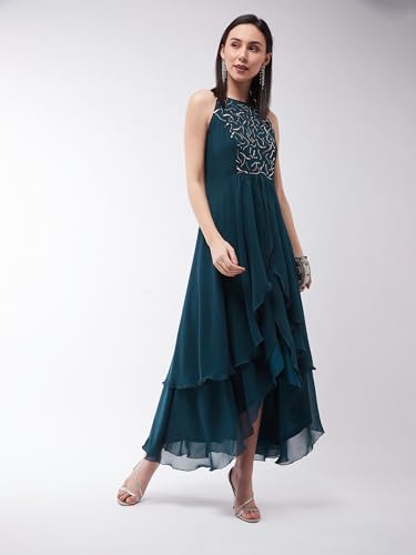 Image of Miss Chase Women's Round Neck Sleeve Embellished Fit Flare Maxi Dress