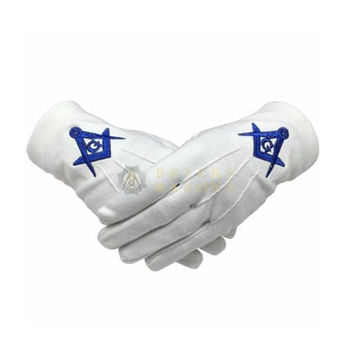 Bricks Masons Masonic 100% Cotton Gloves Square Compass & G Blue Machine Embroidery, Xx-Large