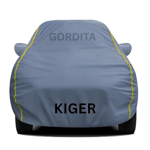 Image of Waterproof Car Body Cover for Kiger All Weather Protection Comes with Inner Cotton Lining & Triple Stitched with Mirror & Antenna Pocket Belt & Elastic Fit Grey with Yellow Piping2