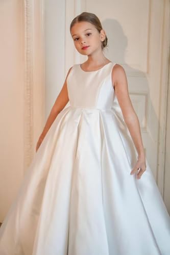 Round Neck Flower Girl Dress Satin 2025 First Communion Dress Pageant Ball Gown with Bow4
