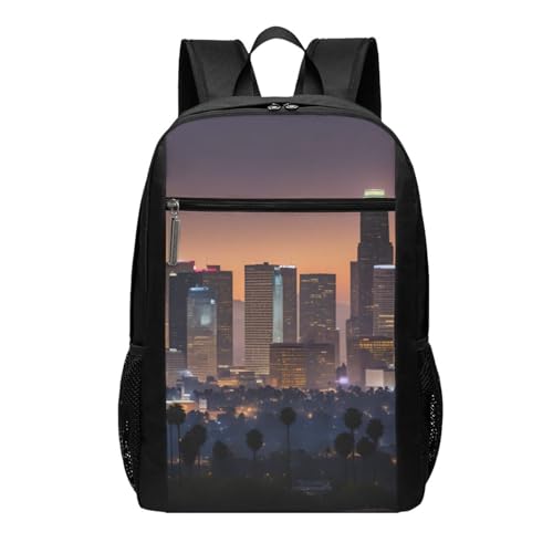 YIJIAYUN Mochila de gran capacidad con estampado de horizonte de Los Ángeles de 17 pulgadas para la escuela y uso al aire libre, tanto para hombres como para mujeres.
