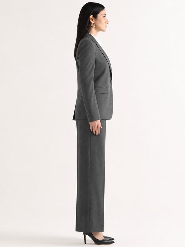 Image of Hancock Women Solid Slim Fit Single Breasted Blazer with Wide Leg Trouser Suit Set