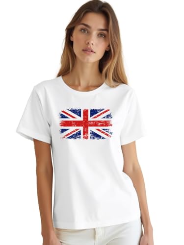 SUWATOIN Womens London England Shirt Union Jack Flag Souvenir Printed T-Shirt Tops White