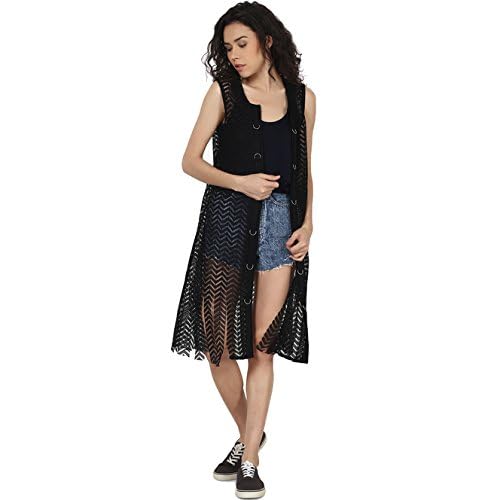 Aolwomens Sleeveless Open Neck Long Net Shrug With Ring