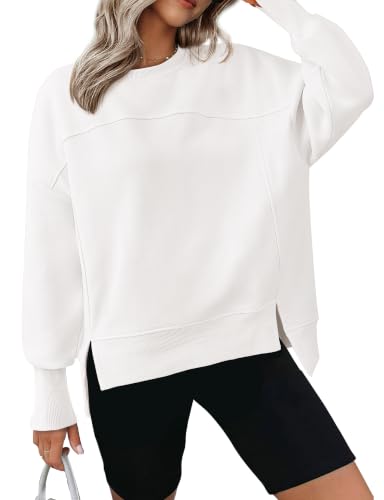 BTFBM Womens Casual Crewneck Sweatshirts Long Sleeve Side Slit Workout Fleece Pullover Top 2026 Fall Fashion Clothing(White Medium)