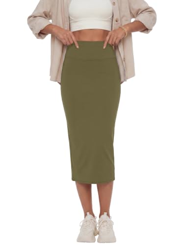 Image of Rooscier Women's High Waisted Pencil Midi Skirt | Stretchy Bodycon Knee Length Skirts with Back Slit