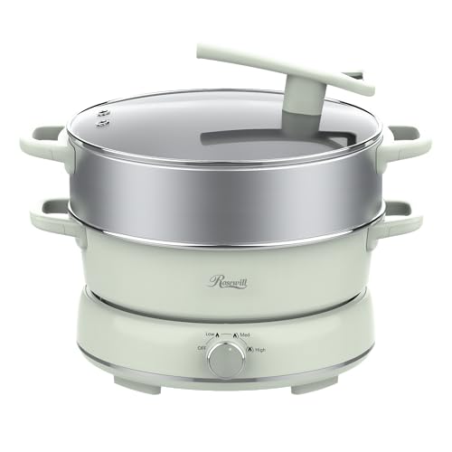 Rosewill 12.7 QT Electric Hot Pot with Multiple Functions, Split Design with 11.8 inch Wider Cooking Pot and SUS Steam Basket, 1600W High Power, Includes Utensils (Light green)