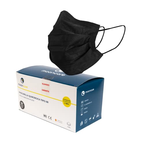 Mooncare Mascarilla Quirúrgica Tipo IIR, Marca Española, [Pack 50Uds], Desechables 3 Capas [NR], Certificada/Homologada, BFE ≥ 99%, Norma EN14683:2019, No Grafeno, Aprobadas por INGESA (Negro) Cover
