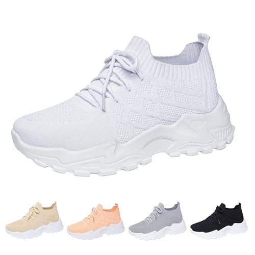 Slip On Tennis Shoes Women Lace Up Sock Sneaker Lightweight Breathable Deodorizing Comfortable Walking Gym Training Shoes Fashionable Casual Ankle Socks Sneakers Elevator Shoe White