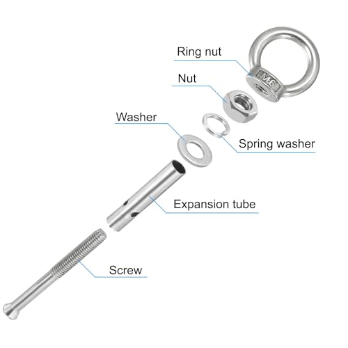 Image of PATIKIL Expansion Eye Bolt M6x80mm, 4 Pack 304 Stainless Steel Shoulder Anchors Eyebolt Screw with Eye Ring for Concrete Brick Walls Canopy Engineering Rigging Silver