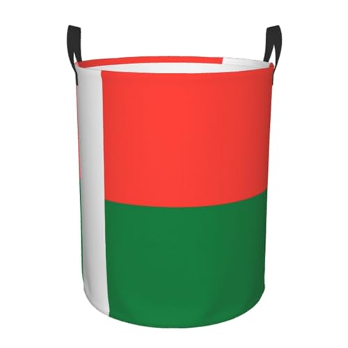 Panier à linge rond imprimé drapeau de Madagascar – Panier à linge pliable élégant avec poignées, panier de rangement léger, petit format