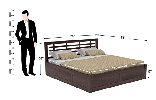 Image of Ganpati Arts Solid Sheesham Wood Lyon King Size Bed with Box Storage for Bedroom Furniture (Walnut Finish) 1 Year Warranty