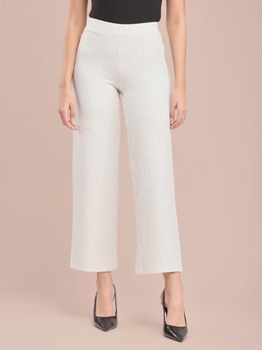 Image of FableStreet Women's Formal Trousers | High-Rise Striped Wide-Leg Design | Ankle-Length Flat Front with Patch Pockets | Elegant Office Wear for Business Meetings| Ivory