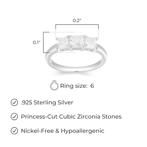 MORGAN & PAIGE .925 Sterling Silver Platinum or Yellow Gold Plated Princess-Cut Cubic Zirconia 3-Stone Engagement Rings for Women - Classic Sparkling Square-Cut Anniversary Sterling Silver Rings Women4