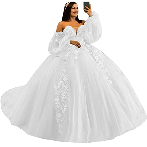 Youjiayi Puffy Sleeve Quinceanera Dresses with Bow 3D Floral Sweet 16 Dresses with Train Off Shoulder Lace Beaded Ball Gown