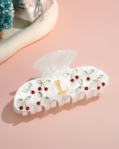Image of CHLINS Initial Cherry Hair Clips for Women Girls - Cute Glitter Monogram Claw Clips with Rhinestone Cherry Print Hair Accessories, Ideal Birthday Bridesmaid Gifts for Teens Girls, Letter L