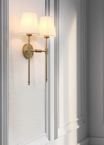 Image of PERMO Classic Rustic Double Sconce Large 2-Lights Wall Sconce with Flared White Textile Lamp Shade and Antique Brass Finished Long Arm, Wall Sconce Light Fixture for Living Room Bathroom Bedroom