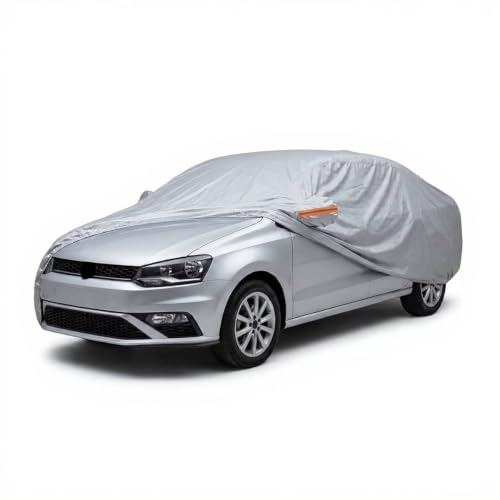 Image of myTVS 100% Waterproof Car Body Cover for Volkswagen Vento - Custom-Fit, Double-Layer, UV & Dust Proof, Mirror Pockets & Elastic Clip Lock (CSK 6)