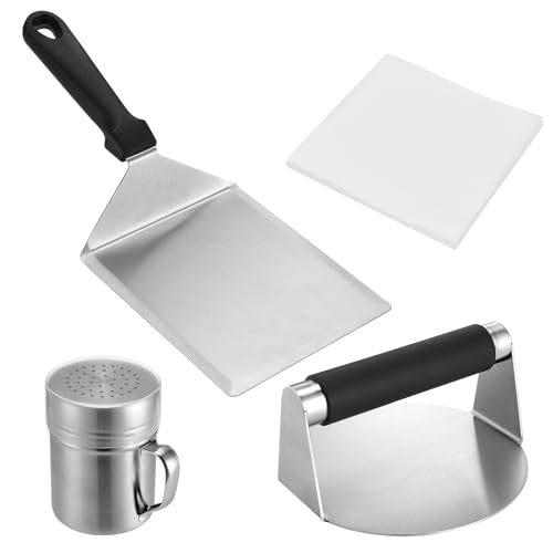 Smashed Burger Press Kit with Large Metal Spatula Stainless Steel Press Seasoning Shaker & Hamburger Patty Papers - Perfect for Griddles Skillets Smash Burgers Turner Pancake Flipper Turner