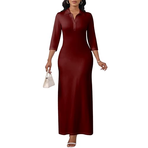 Image of PinkPatty Women's Casual 3 /4 Sleeve Polo V Neck Bodycon Maxi Dress
