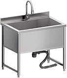 Stainless Steel Commercial Restaurant Sink, Freestanding Large Commercial Sink with Pull-out Faucet for Kitchen Dishwashing, Thawing, Pet Cleaning, Laundry Room, 35 Gallon, 23.6'D x 33.5'W x 36.8'H