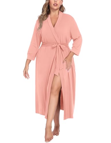 Image of IN'VOLAND Womens Plus Size Kimono Robes Long Knit Bathrobe V Neck Ladies Loungewear Lightweight Soft Sleepwear 1X-5X