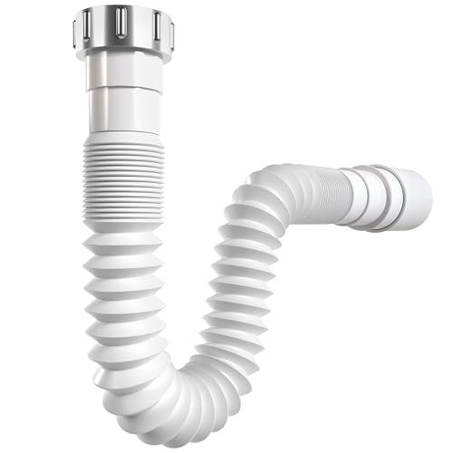 Poppstar Sifón para fregadero/lavabo de cocina flexible 1 1/2" x 40-50mm (tubo de desagüe 320-880mm), blanco