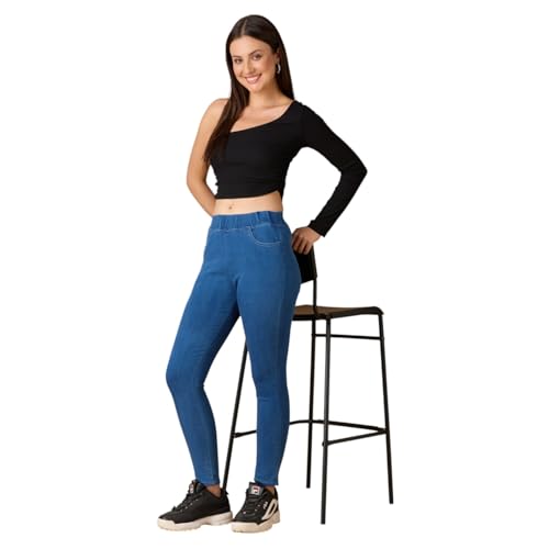 Image of 4FLIES Women's High Waist Jeggings | Super Combed Slim Fit Ankle-Length Pants with Elastic Waistband | Comfortable Denim Look Leggings for Casual, Travel & Office Wear