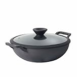 Meyer Pre-Seasoned Cast Iron Wok with Tempered Glass Lid and Kadai Design, 30 cm Size | Induction Compatible Cast Iron Pan | Oven Safe Cookware for Curries and Stir Fry