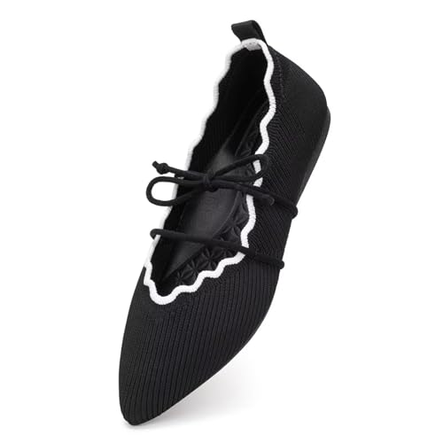 BEJINASH Women's Knitted Flats Pointed Toe Slip On Womens Shoes with Ruffled Vamp Elastic Rope Design for Casual Daily Ballets Shoes4