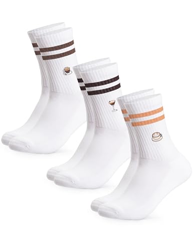 Occulto Damen & Herren Motiv Tennissocken mit Streifen 3er Pack (Modell: Summer), Statement Tennis Socken Kaffee 43-46