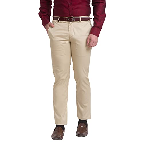 Image of Park Avenue Men's Pure Cotton Solid Pattern Super Slim Fit Flat Front Formal Chinos