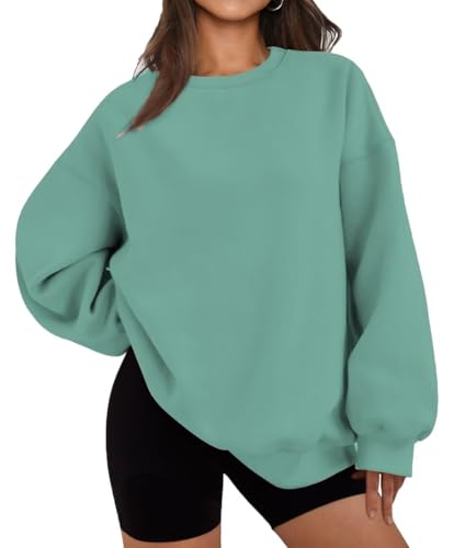 LACOZY Women Crew Neck Sweater Oversized Fleece Lined Sweatshirt Long Sleeve Crewneck Shirts Fall Outfits Green 2XL