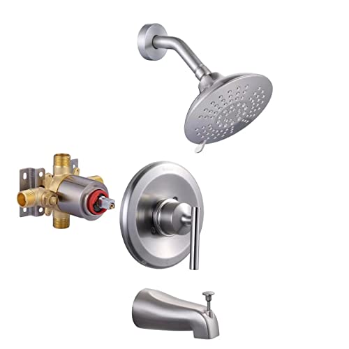 WOWOW Brushed Nickel Shower Tub Kit Brass Shower Faucet Set with Tub Spout and 6-Inch Rain Shower Head, Single Handle Tub and Shower Trim Kit, Shower Valve Include