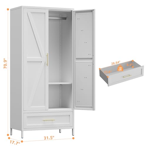 Image of Aobabo Metal Wardrobe Cabinet with 1 Drawer, 71 inch H Metal Armoire Wardrobe Closet with 1 Adjustable Shelf and Hanging Rod for Home, Laundry Room, Office, Installation Required, White