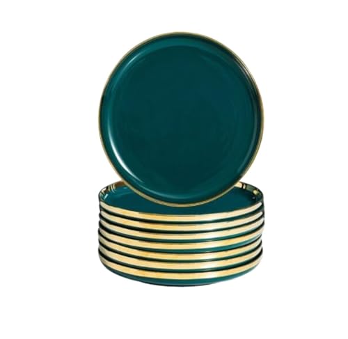 Juego De Vajilla Juego completo de platos verdes y dorados, bandeja cerámica for comida bistec, cuenco for ensalada, cuchara, vajilla porcelana(10ich plate 8pcs)
