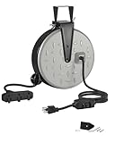 WILAWELS 30 Ft Retractable Extension Cord Reel, 16/3 Gauge SJTW Power Cord with 3 Electrical Outlets Pigtail for Garage and Shop, 10 Amp Circuit Breaker, Metal Plate, UL Listed, Grey S30CR06