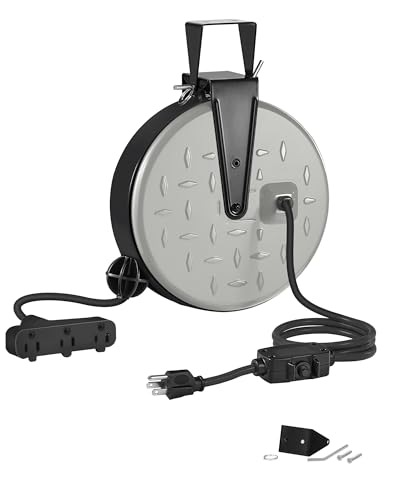 30 Ft Retractable Extension Cord Reel, 16/3 Gauge SJTW Power Cord with 3 Electrical Outlets Pigtail for Garage and Shop, 10 Amp Circuit Breaker, Metal Plate, UL Listed, Grey S30CR06