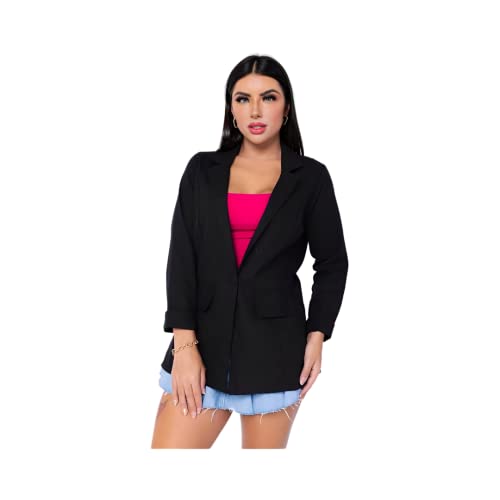 Blazer Feminino Alongado em Linho com botão forrado (as2, alpha, m, regular, regular, PRETO)