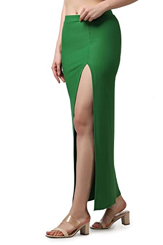 Image of POPWINGS Casual Solid Self Design Rib Long Slit Skirt for Women - Stylish Summer Skirt
