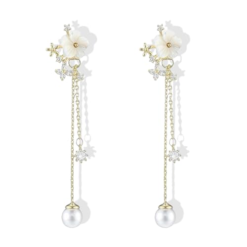 fKiZanthene Boucles d’oreilles pendantes femme fleur et perle, bijou élégant avec perle blanche et zirconium cubique, boucle d’oreille femme argentée pour mariage...