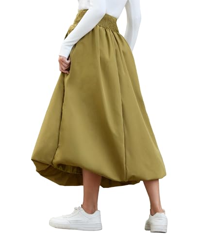 Women's Bubble Long Skirt Elastic Waist A-Line Pleated Ruffle Flowy Balloon Maxi Skirts with Pockets