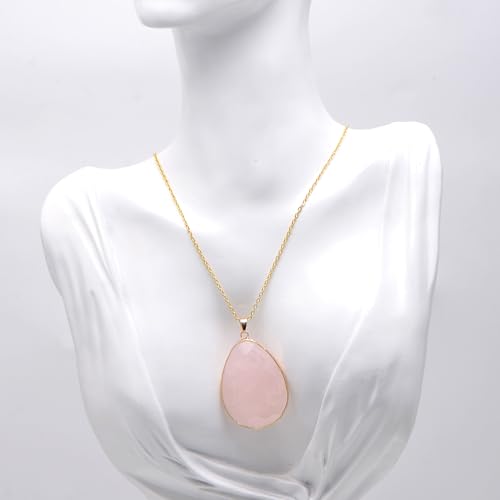 Paialco Faceted Cut Natural Rose Quartz Crystal Big Flat Drop Pendant Necklace, Yellow Gold Gilt 5