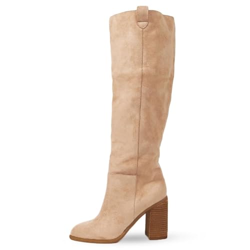Erocalli Suede Knee-High Boots Fall Boot For Women Chunky Block High Heel Slouch Fashion Boot Round Toe Side Zipper