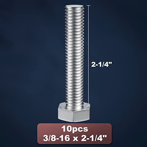 Image of 3 /8-16 x 2-1 /4 inch (5 /8 to 7 inch Optional) Hex Head Screw Bolt, Stainless Steel 18-8(304), Fully Threaded,10pcs
